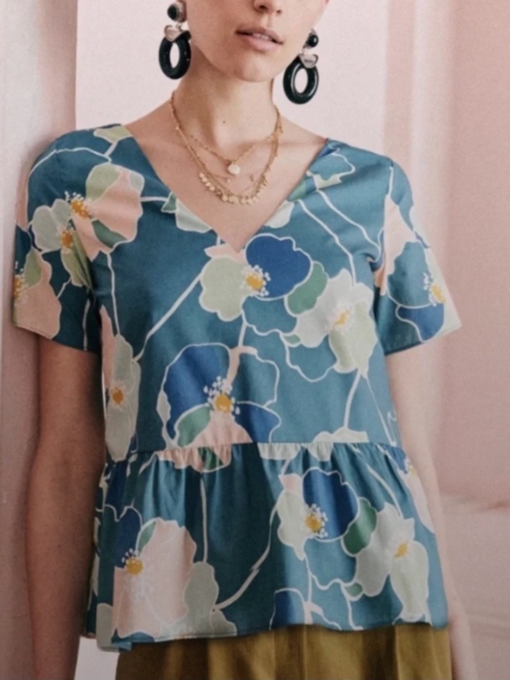 Sézane Teal Floral Peplum Blouse | V-Neck Long Sleeve Romantic French Top